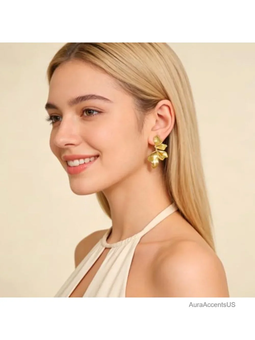 18K Gold Plated Textured Leaf Drop Earrings Statement Dangle Floral Petal